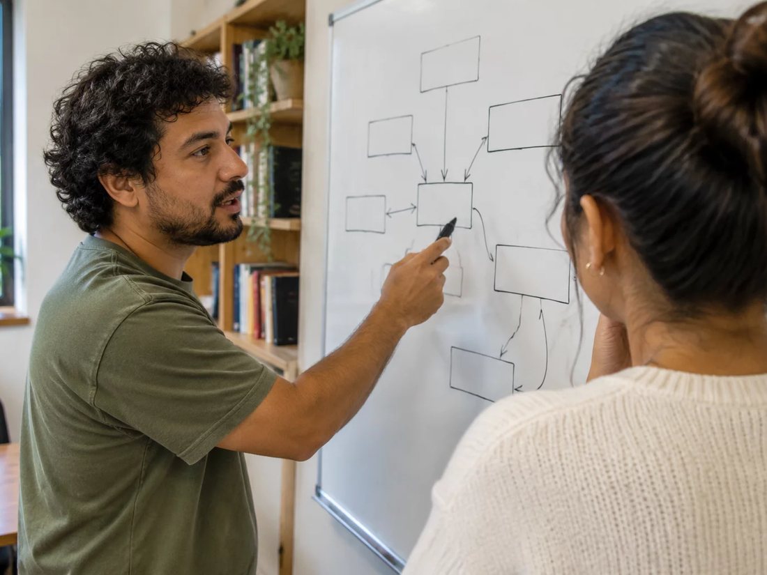 Dupla em pé diante de um quadro branco com o esqueleto de um argumento desenhado