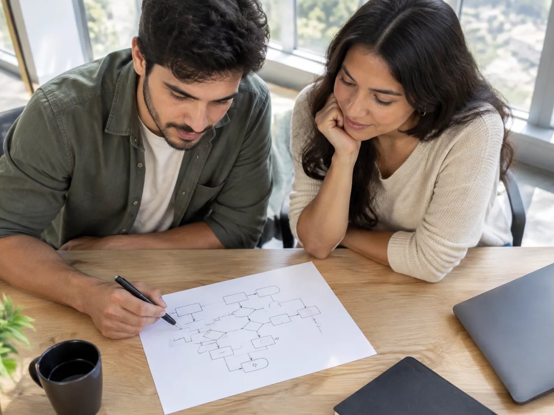 Duas pessoas relendo anotações num tablet apoiado numa mesa de madeira